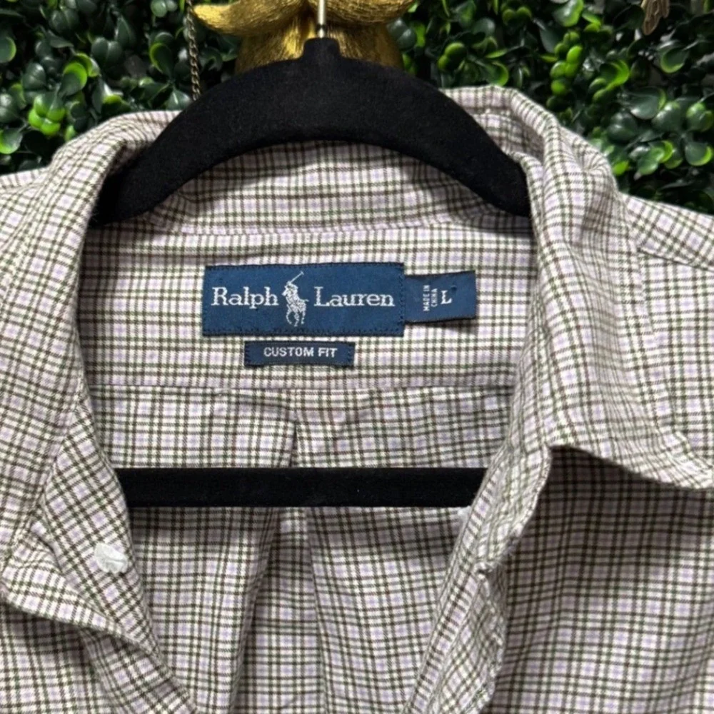 Ralph Lauren Custom Fit Olive Green‎ Plaid Button Down Shirt L Preppy Classic